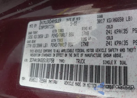 2002 Dodge Ram 1500 St from USA, damaged, VIN 3D7HA18N32G183758